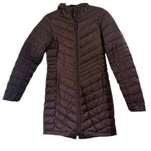 Lole Packable Claudia Down Jacket Womens Small Burgundy Purple Long Hooded Coat